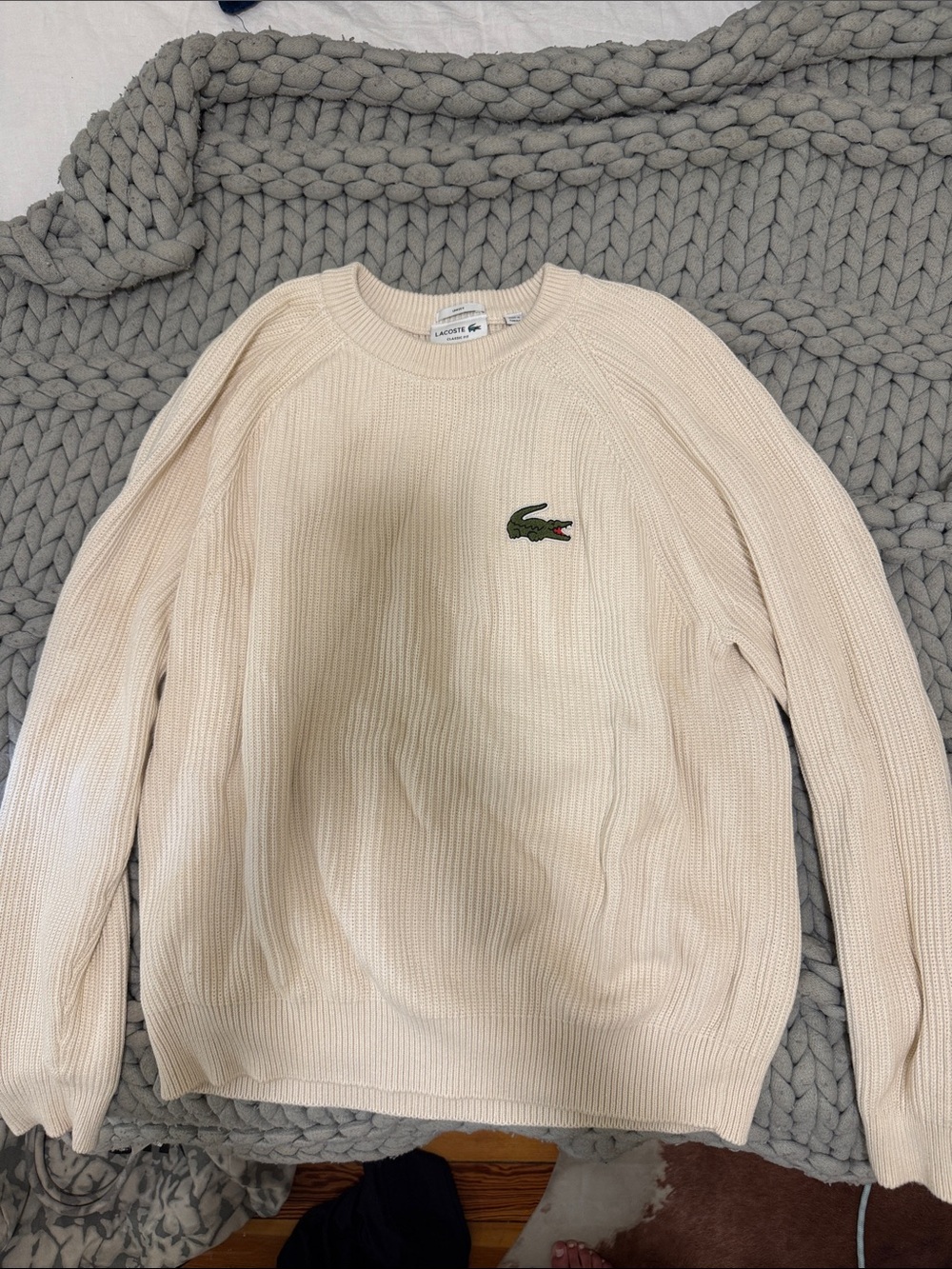 Lacoste Ivory Crewneck Cotton Sweater with Crocodile Logo